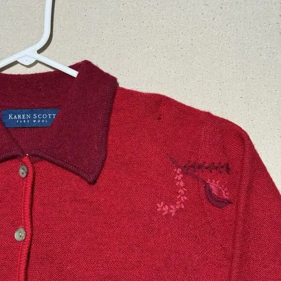KAREN SCOTT Holiday Cardigan 100% Pure Wool Red Embroidered Sweater Jacket Sz M - Picture 11 of 11